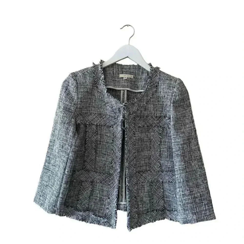 Le Lis Tweet Gray White Fringe Open Front Women’s Career Office  Blazer S #2004